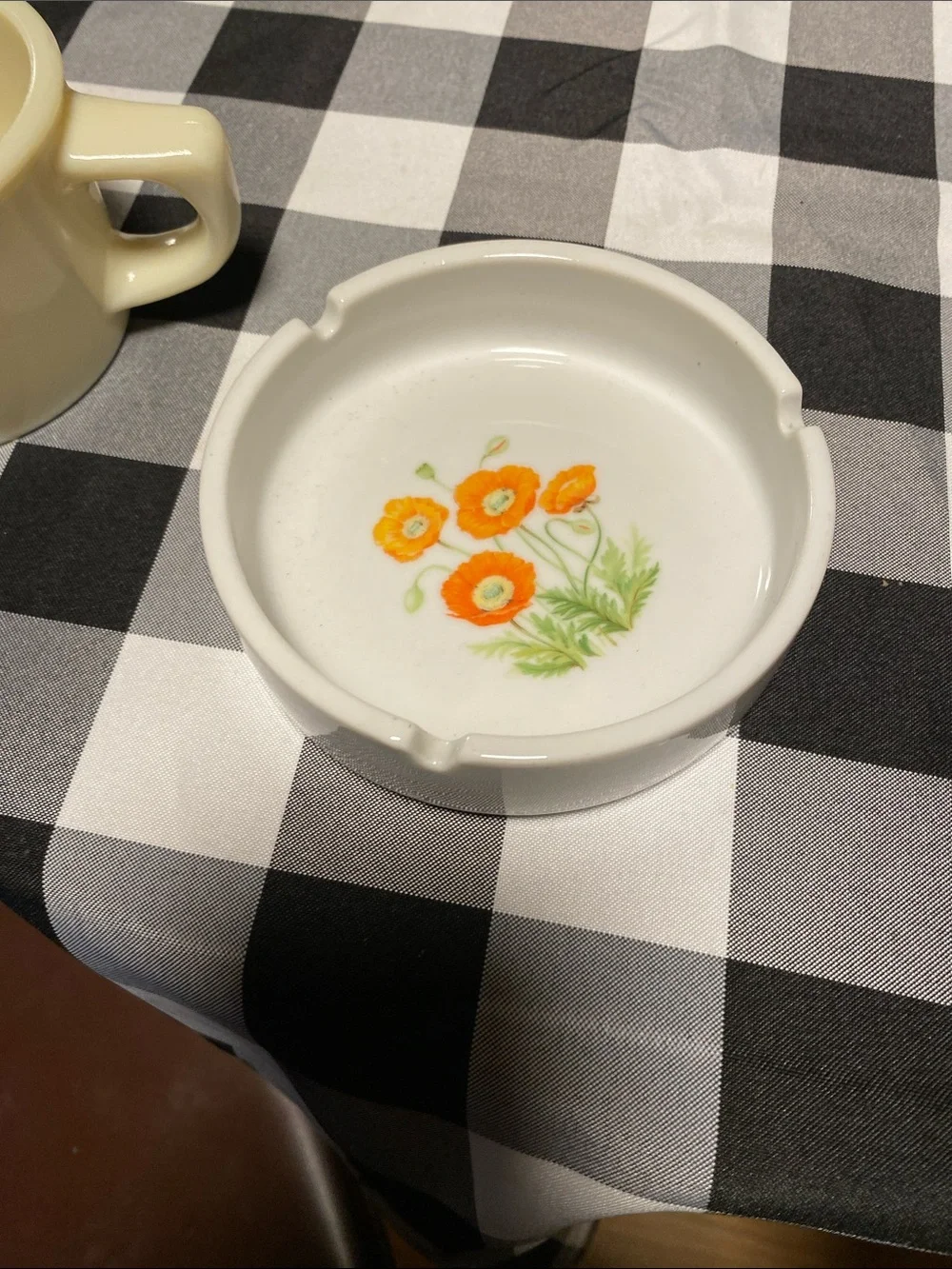 Vintage White Ceramic Ashtray with Orange Floral Design